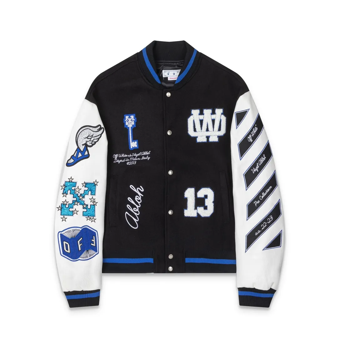S13#P676, offwhite heavy-duty embroidery patchwork leather high-temperature hot-scaling crystal diamond baseball down jacket, the body is made of wool fabric, couple style jacket, black size: S M L XL